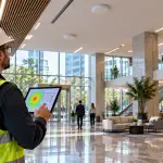 RF engineer reviewing a coverage heat map on a tablet while planning a cellular distributed antenna system in a commercial building lobby.