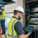 Technicians installing and testing equipment for a das cellular booster system in a modern office.