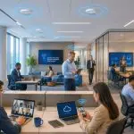 Modern office with strong signal coverage from an indoor cellular das supporting calls, video meetings, and cloud work.